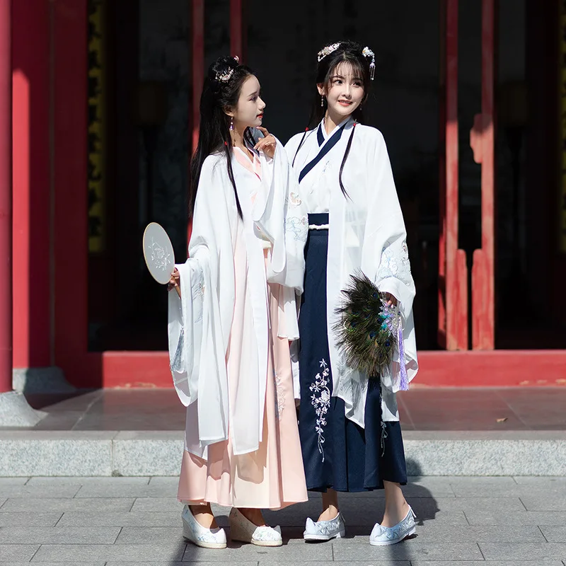 Hanfu Женский костюм Wei and Jin в китайском стиле, Повседневная традиционная китайская одежда из двух предметов для женщин, топ с v-образным вырезом и юбка