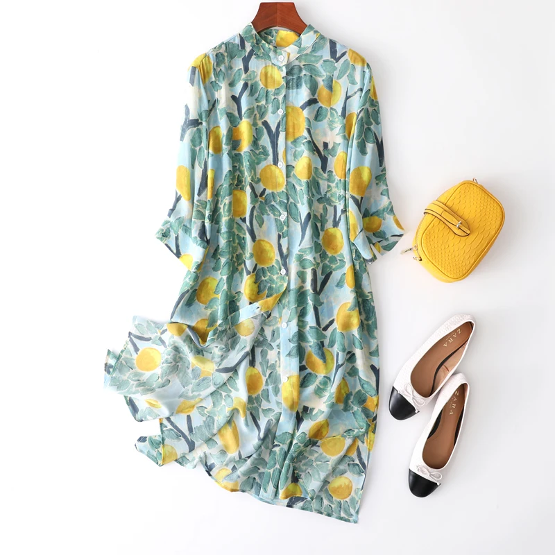 Women's 100% Silk Blue Print Button Down Long Thin