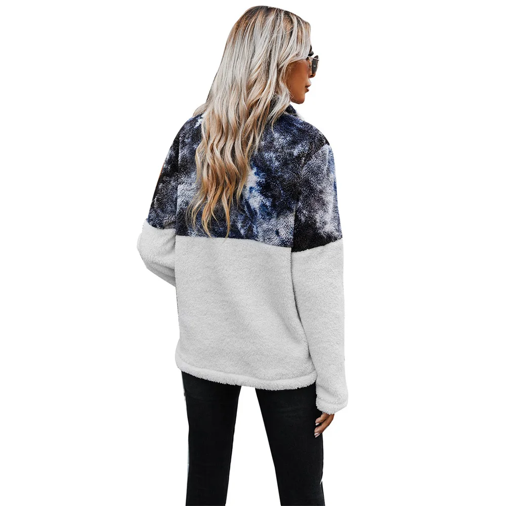 Fashion Warm Sweater Fleece Contrast Stitching Autumn Winter Thickened Sweater Ladies Zipper Lapel Street Tops Ladies Pullovers