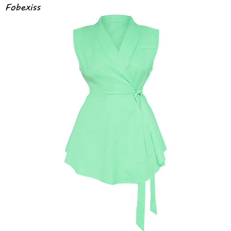 01 Green Vest Women Plus Size Office Lady High Waist Belted Blazer Streetwear Elegant Slim Woman Jacket WaistCoat Sleeveless Outwear - Цвет: 01 Green