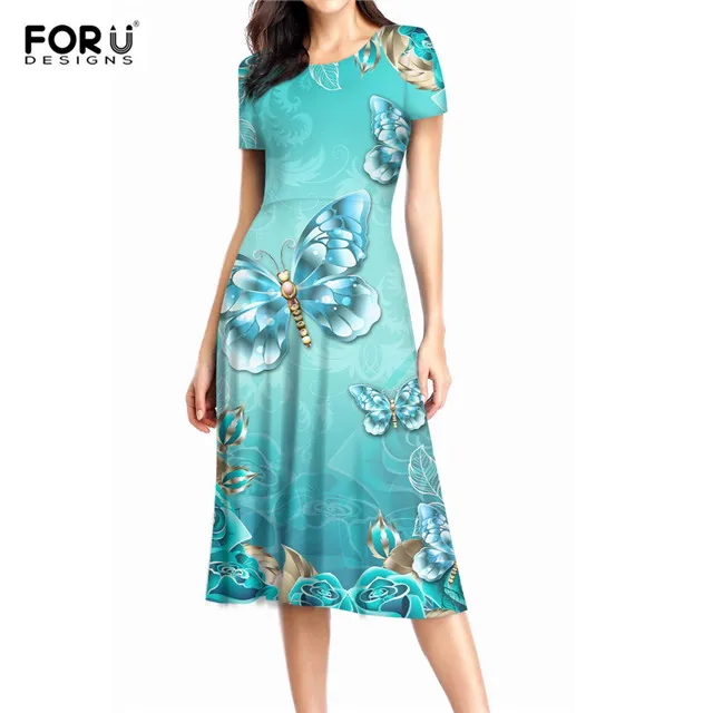 FORUDESIGNS/Лидер продаж, женские повседневные платья миди с коротким рукавом и бабочками, Элегантное летнее платье трапециевидной формы с 3D рисунком синих бабочек - Цвет: HME1697X3