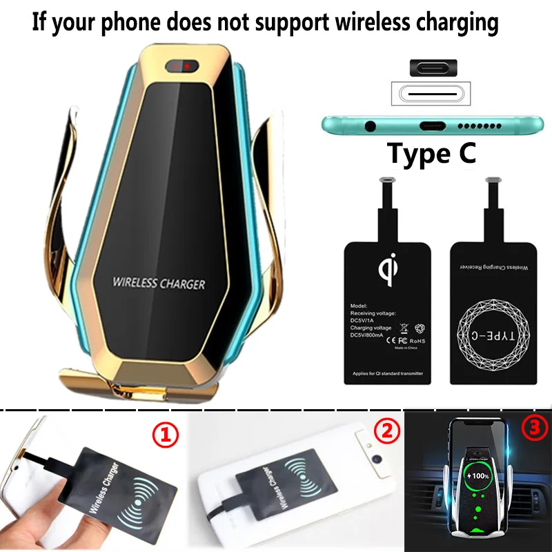 10 Вт автомобильное Быстрое беспроводное зарядное устройство Qi для iPhone X 8 XS Max автоматический зажим автомобильный телефон держатель вентиляционного отверстия для samsung S10 S9 S8 - Color: Gold For Type C