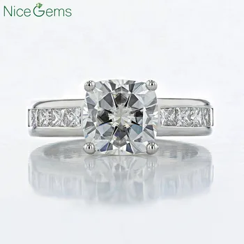 

NiceGems 14K White Gold 3ct 8.5mm Cushion cut DF Color Moissanite Engagement Ring Channel Set with Princess Cut Accents for lady