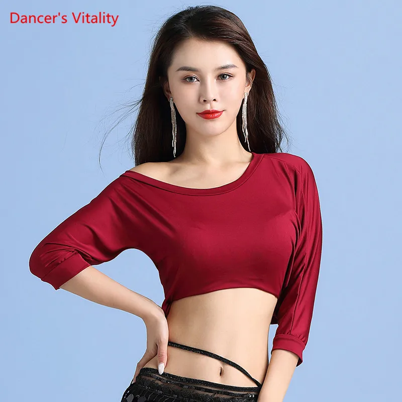 

Женский топ для танца живота, элегантная рубашка из модала с круглым вырезом и рукавом до локтя, одежда для восточных танцев