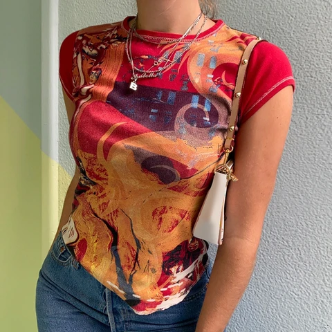 Aesthetic Retro Print T-Shirts 90s Vintage E-girl O-neck Short Sleeve Summer Women Basic Sweats Crop Top Tees Streetwear