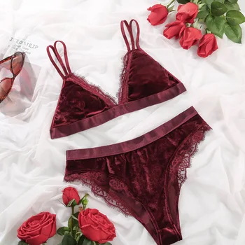 

ADULOTY 2020 New Fashion Women Velvet Bra set sexy Underwear eyelash lace brassiere No rims Lingerie Underpants bralette set