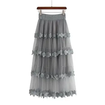 

2020 Tulle Lace Summer Skirt WF0063 Cake Style High Waist Ladies Women Skirts Long Party Pink Grey Black White Skirt