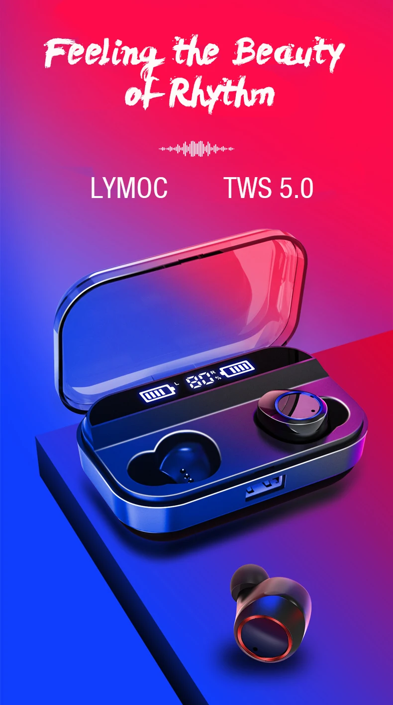 LYMOC новые TWS 5,0 HiFi беспроводные наушники Bluetooth гарнитуры 3 батареи светодиодный дисплей сенсорное управление наушники зарядное устройство для телефона