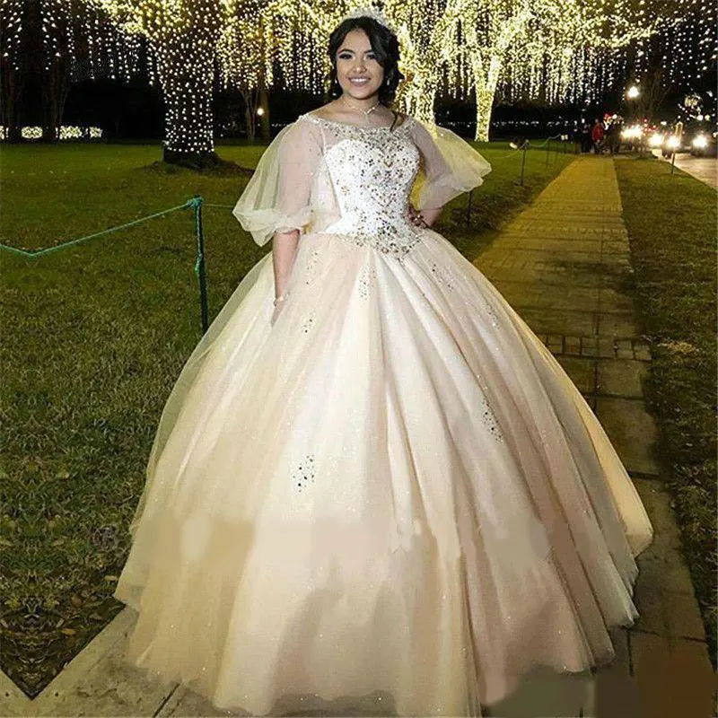 Арабское роскошное платье с кристаллами и бусинами, вырез лодочкой, иллюзия, половина рукава, бальное платье, вечерние платья с коротким шлейфом размера плюс, бальное платье