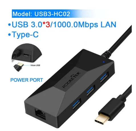 Rocketek usb-хаб гигабитный Ethernet адаптер 1000 Мбит/с type c Hub 3,0 Rj45 Lan для Xiaomi Mi Box 3/S Android tv телеприставка сетевая карта - Цвет: Type-C HUB