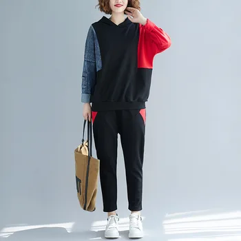 

[EWQ] 2020 Spring Autumn New Pattern Hooded Collar Long Sleeve Hit Colors Sweatshirt Two Piece Set Women Suit 3AJ97301XL