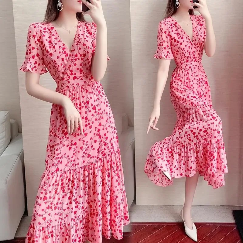 Vestido de gasa rosa de talla grande para mujer, vestido elegante ajustado con cuello en V, corta a pantorrilla, moda de verano para los años 80 y 90 -