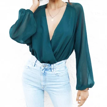 

Fashion Long-sleeved V-neck Chiffon Bodysuit Women Casual One piece Jumpsuit Sexy Loose Romper