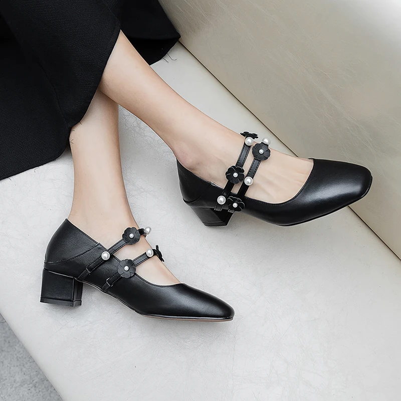 Brand Quality Party Pumps Spring Summer Bead Girl Mature Leather Round Toe Square Heels Wedding Women Shoes