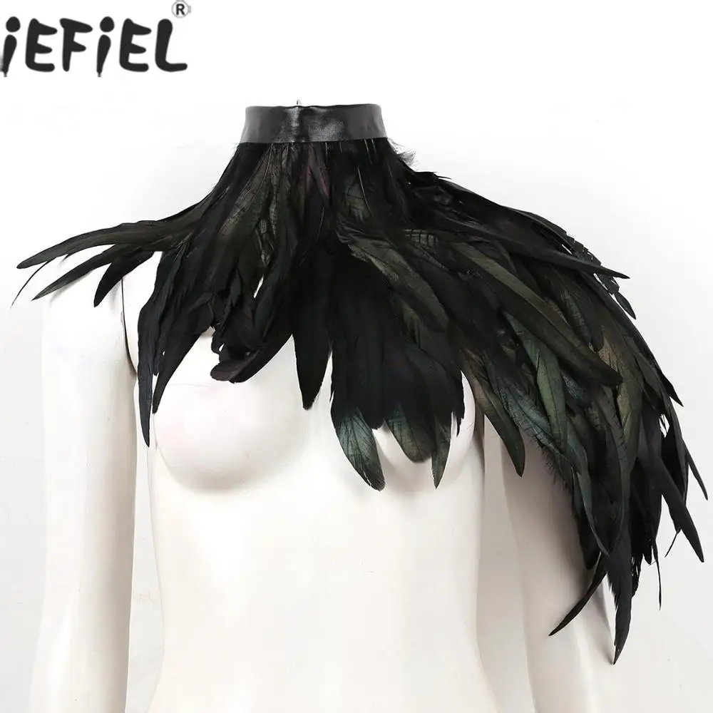 

Adult Punk Gothic Cape Real Black Feather Shrug Top Shawl One Shoulder Cape Wings Choker Collar for Party Halloween Rave Costume