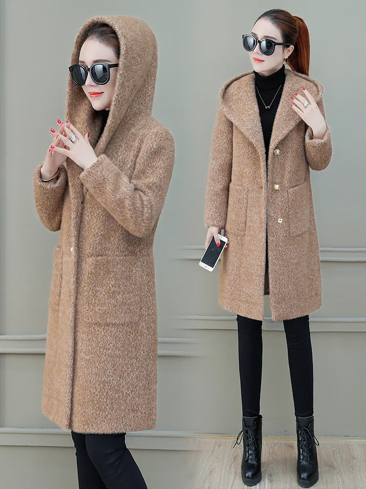 New Style Fashion Plush Coat Women's Winter Korean-style Loose Warm Elegant Goddess-Style Hooded Woolen Jacket