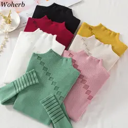 Woherb/вязаный свитер с воротником-хомутом для женщин, полый пуловер Modis Basic Slim-fit 2019, корейская модная Осенняя зимняя вязаная одежда