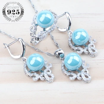 

Light Blue Pearl Jewelry Sets For Women Luxury Bridal Costume Jewelry Wedding Earrings Rings Pendants Necklace Set Free Gift Box