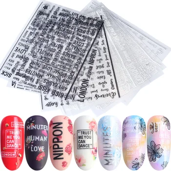 

3D Letters Writing Nail Stickers White Black Silver Designs Glitter Stickers Manicure Nails Art Decor Adhesive Sliders Decals