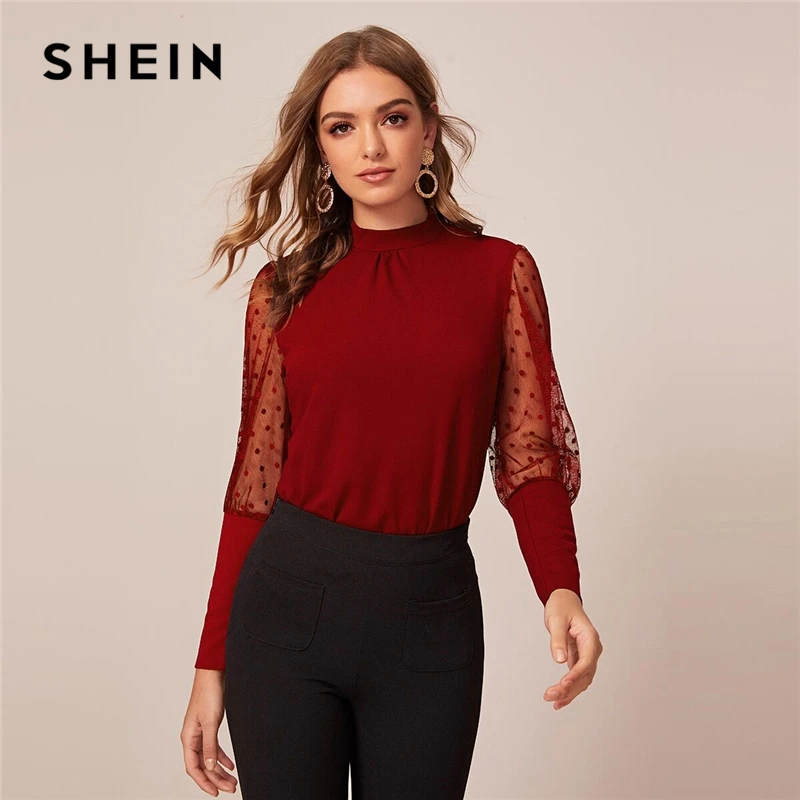 Skup SHEIN zgredek Mesh leg of baranina rękaw Top kobiety wiosna jesień dziurka solidna stojak kołnierz bluzki i topy