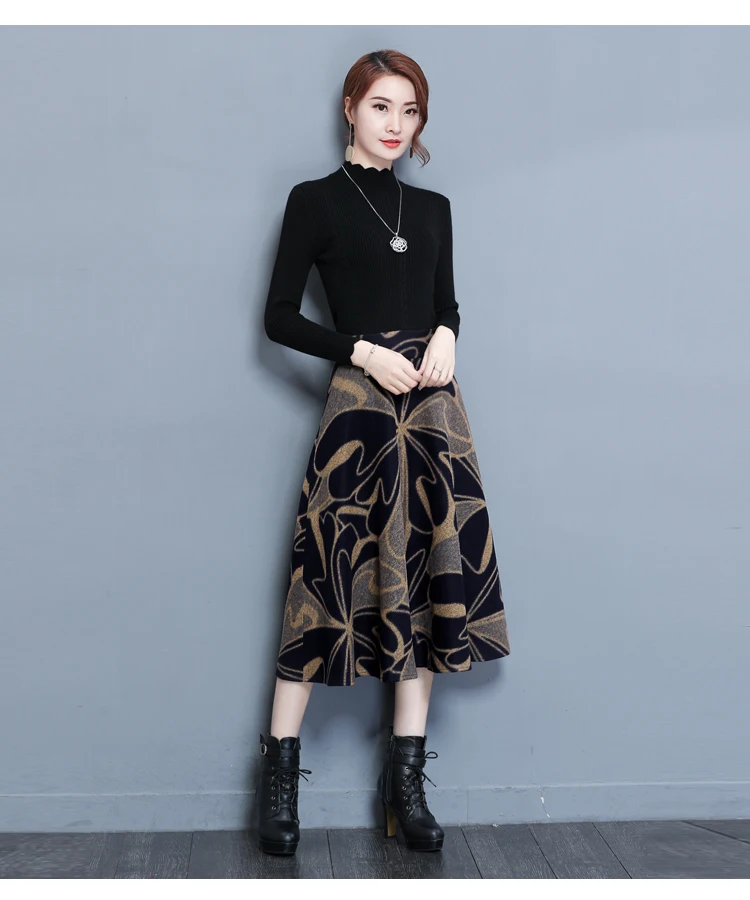 New Autumn Winter Plus Size Robe Elegant Office Wear Vintage Korean Women Skirts High Waist Bandage Wool Print Skirts FW105