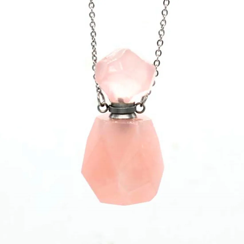 

Kraft-beads Stainless Steel Irregular Shape Perfume Bottle Can Open Pendant Natural Rose Pink Quartz Necklace for Women Jewelry