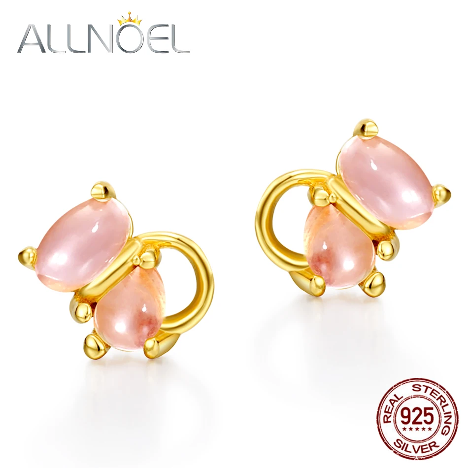 

ALLNOEL Silver 925 Jewelry Stud Earrings for Women Natural Rose Quartz Pink Stone Gemstone Wedding Party Gold Color Jewelries