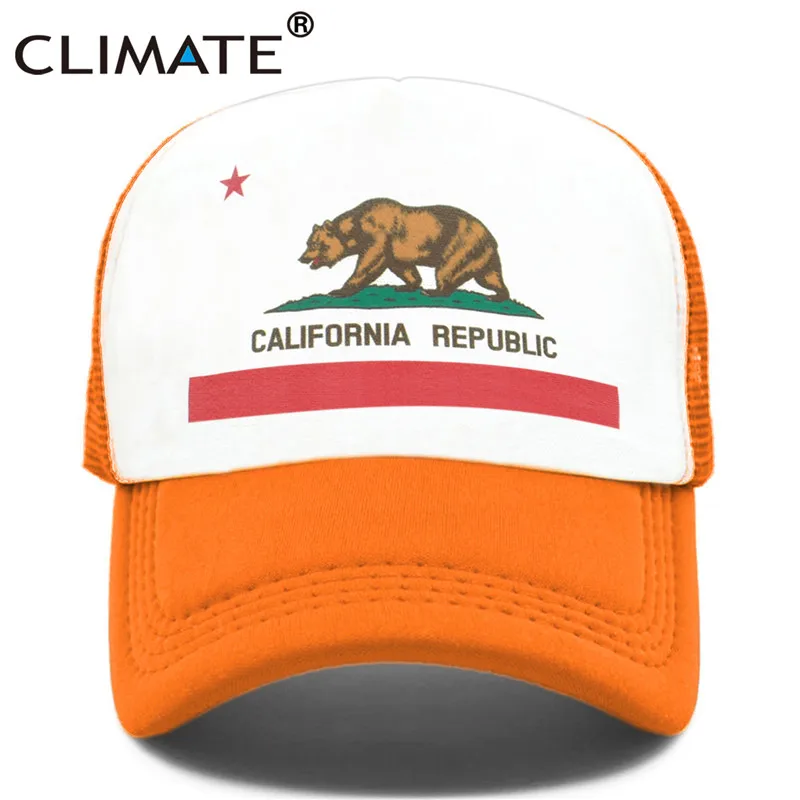 Orange Cap CLIMATE California, Кепка для водителя грузовика, мужская, медведь, флаг California, флаг, кепка s, женская, забавная, хип-хоп кепка, бейсбольная кепка, крутая, летняя, сетчатая Кепка - Цвет: Orange Cap