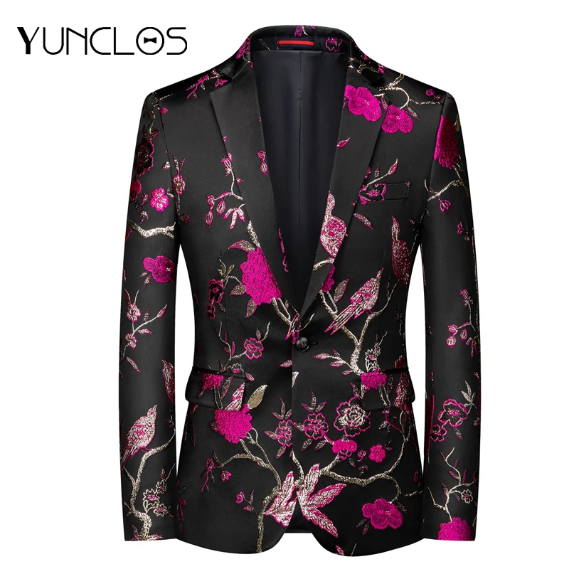

Yunclos Men's Embroidery Blazer Floral Printed Casual Single Button Jacket Party Prom Coat Men Wedding Suit Jacket Masculine