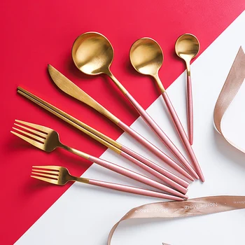

Gold Pink Cutlery Set Stainless Steel Wedding Western Reusable Knife Fork Spoon Tableware Set Nordic Dinner Flatware Set MM60CJ