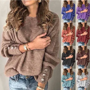 

2020 Women Harajuku Long-Sleeved Round Neck Button Sweater Top Loose And Comfortable Stitching Sweater Light Weight Large Size