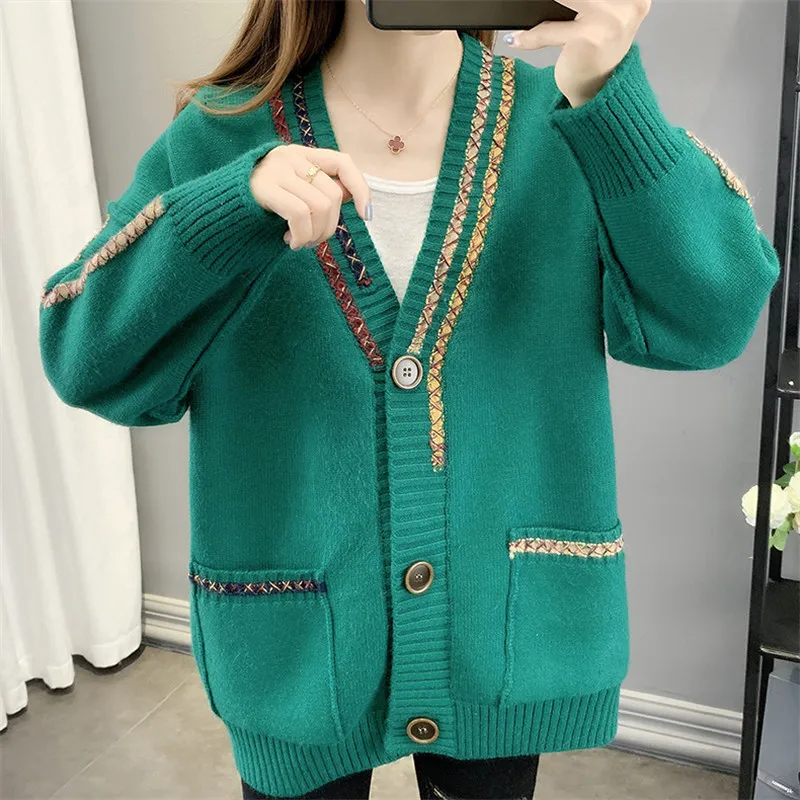 Patchwork Knitting Sweater Women Cardigan 4 Color Jumper Ladies Loose Big  Pocket V-Neck Long Sleeve Knitted Jacket Coat Female