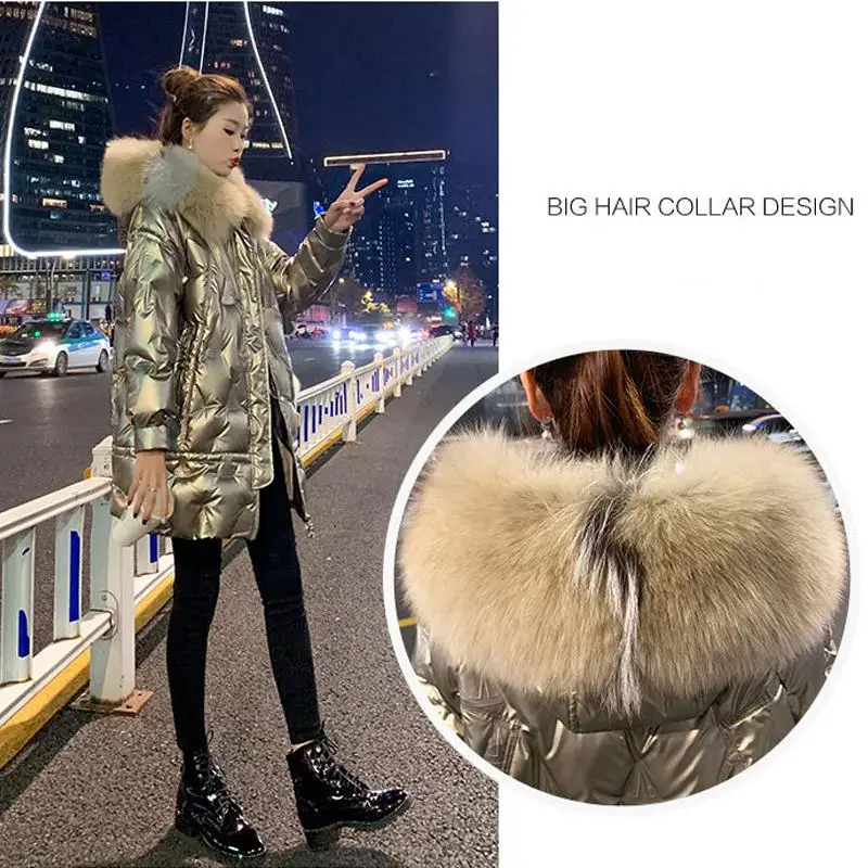 Maternity Winter Long Windbreaker Bright Face Down Padded Jacket New Pregnancy Woman Hooded Thicken Loose Parkas Big Fur Collar