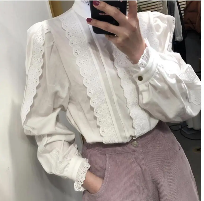 

Chic Heavy Work Lace Patchwork Blouse Sexy Hollow Out Hook Flower Blusas Holiday Stand Lantern Long Sleeve Shirt
