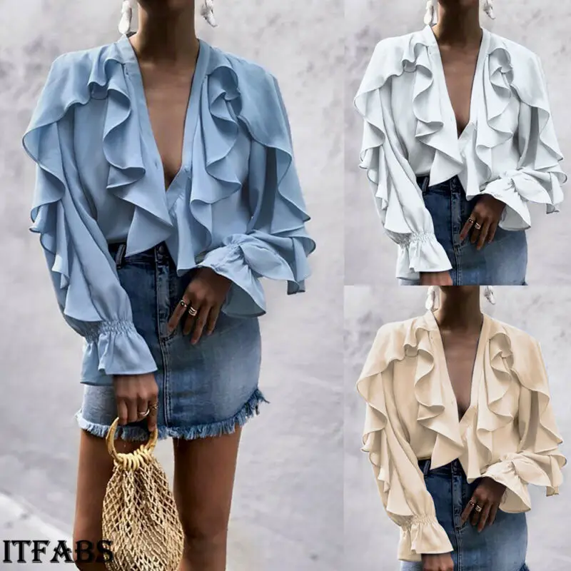 

2019 New Women Ladies Fashion Chiffon Ruffle Bell Sleeve V-Neck Loose Shirt Top Summer Blouse Tops UK