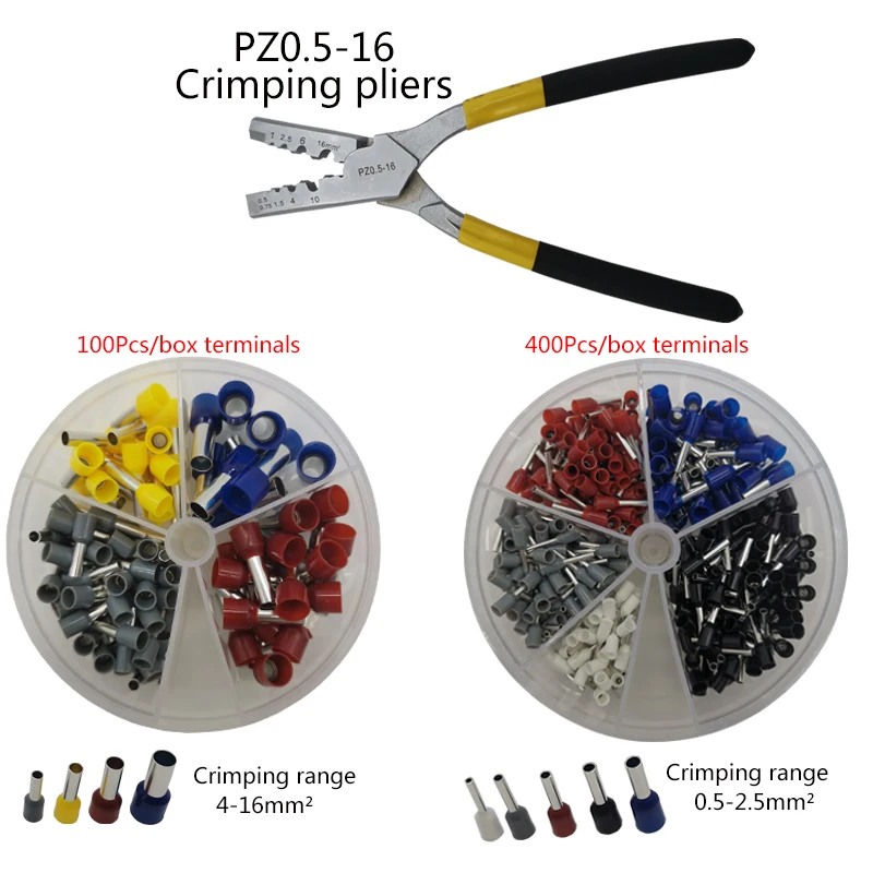 PZ0.5-16 400 100PCS PZ0.5-16 обжимной инструмент обжимные плоскогубцы для клемм, зажимы плоскогубцы электрические трубчатые Клеммы Коробка 0,5-16 мм2 набор инструментов - Цвет: PZ0.5-16 400 100PCS