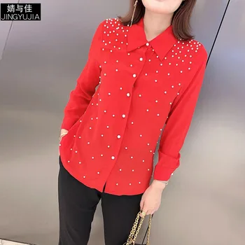 

Red Shirt Women Autumn 2019 New 100% Silk Beading Turn Down Collar Wrist Length Sleeves Single Breasted Straight Shirt Female