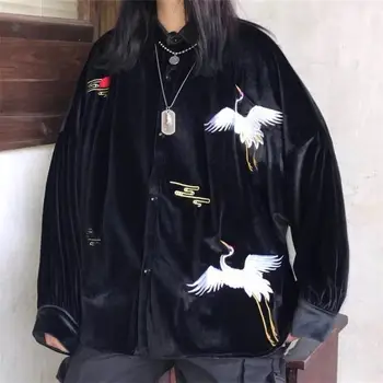 

Summer autumn new vintage crane embroidery versatile lady floral shirts long sleeve velvet casual streetwear femme blouses