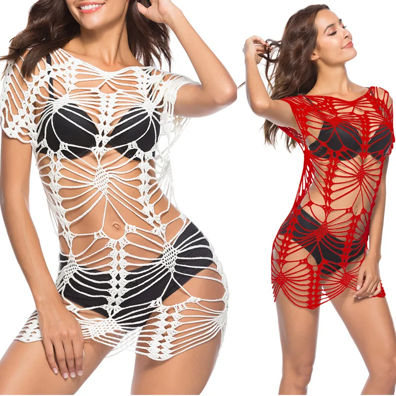 

Mesh Cover Up Women 2019 Crochet Bathing Suit Skirt Sunscreen Bikini Dress Solid White Summer Swim Wear Bikinis Mujer Beach Wrap