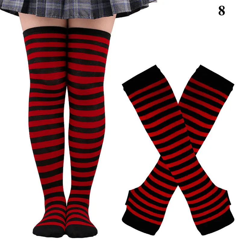Chic Stripe Printed Thigh-High Cotton Socks and Arm Sleeve Set