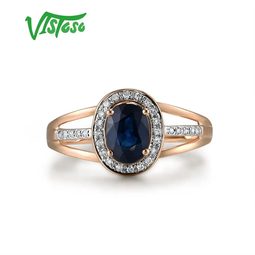 VISTOSO 14K White Gold Rings For Women Genuine Sparkling Diamond Fancy Blue Sapphire Engagement Anniversary Unique Fine Jewelry