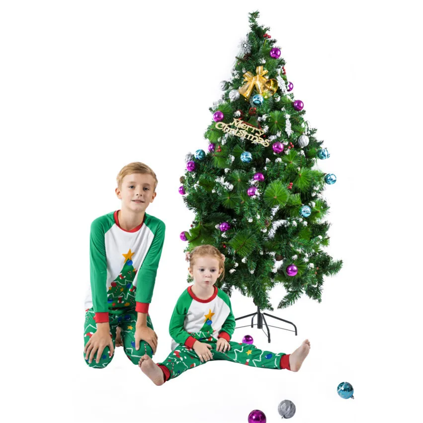 Коллекция года, комплект одинаковых пижам для всей семьи, зеленый костюм с принтом рождественской елки, одежда для сна, домашняя пижама