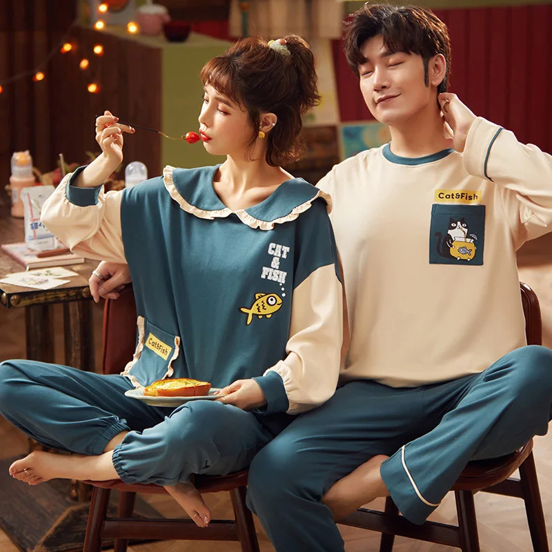 

NIGHTWA Couple Pajamas Autumn Long Sleeved Cotton Girl Princess Style Doll Collar Men's Large Size Cute Home Suit Pijamas Mujer