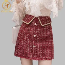 SMTHMA Winter tweed tassel skirts women high waist plaid black women's skirt korean chic mini short skirt faldas mujer moda