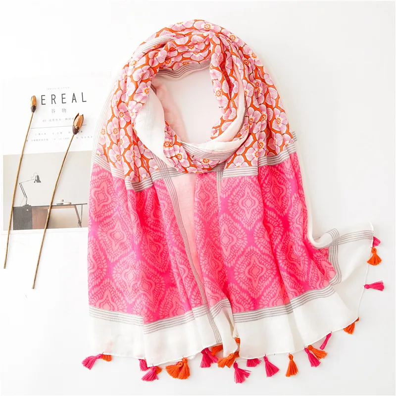 

Spring and Summer Rose Pink Flower Soft Warm Skin-Friendly Cotton Linen Scarf Shawl College Style Sun-resistant Cape Beach Silk