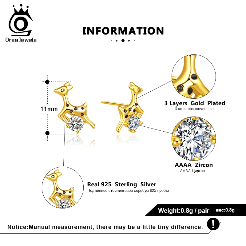ORSA JEWELS S925 рождественские серьги-гвоздики в виде оленя для женщин, новейшая Рождественская тема, милые трендовые ювелирные изделия из стерлингового серебра с цирконием SE171