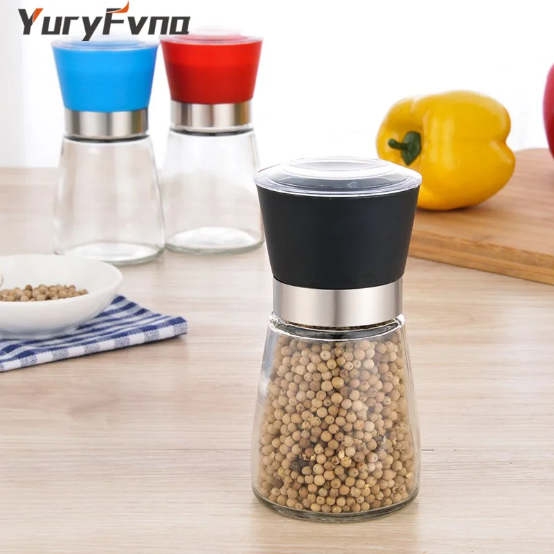 

YuryFvna 5 Inch Colorful Solid Glass Salt and Pepper Mill Shaker with Strong Adjustable Ceramic Grinder Kitchen Gadget Tools