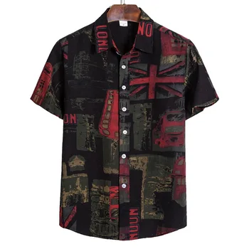 

Summer Men's Blouse Shirts Ethnic Short Sleeve Buttons Up Casual Cotton Linen Hawaiian Printing Men Dress Shirts Tops Clothing