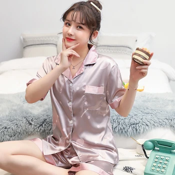 

2020 Satin Women Pajamas Set Summer Short Sleeve Homewear Silk Sleepwear Suit femme Casual Two-Piece Pyjamas Plus Size 2XL