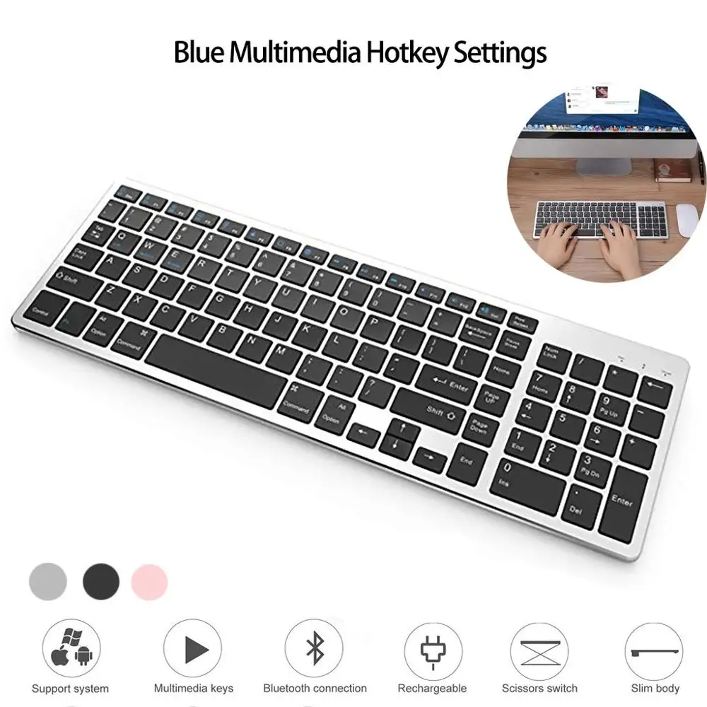 Bluetooth клавиатура, перезаряжаемая портативная BT беспроводная клавиатура с номером полноразмерная клавиатура включает быстрый доступ к горячим клавишам